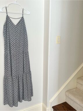1. State Navy and White Geometric Midi Dress